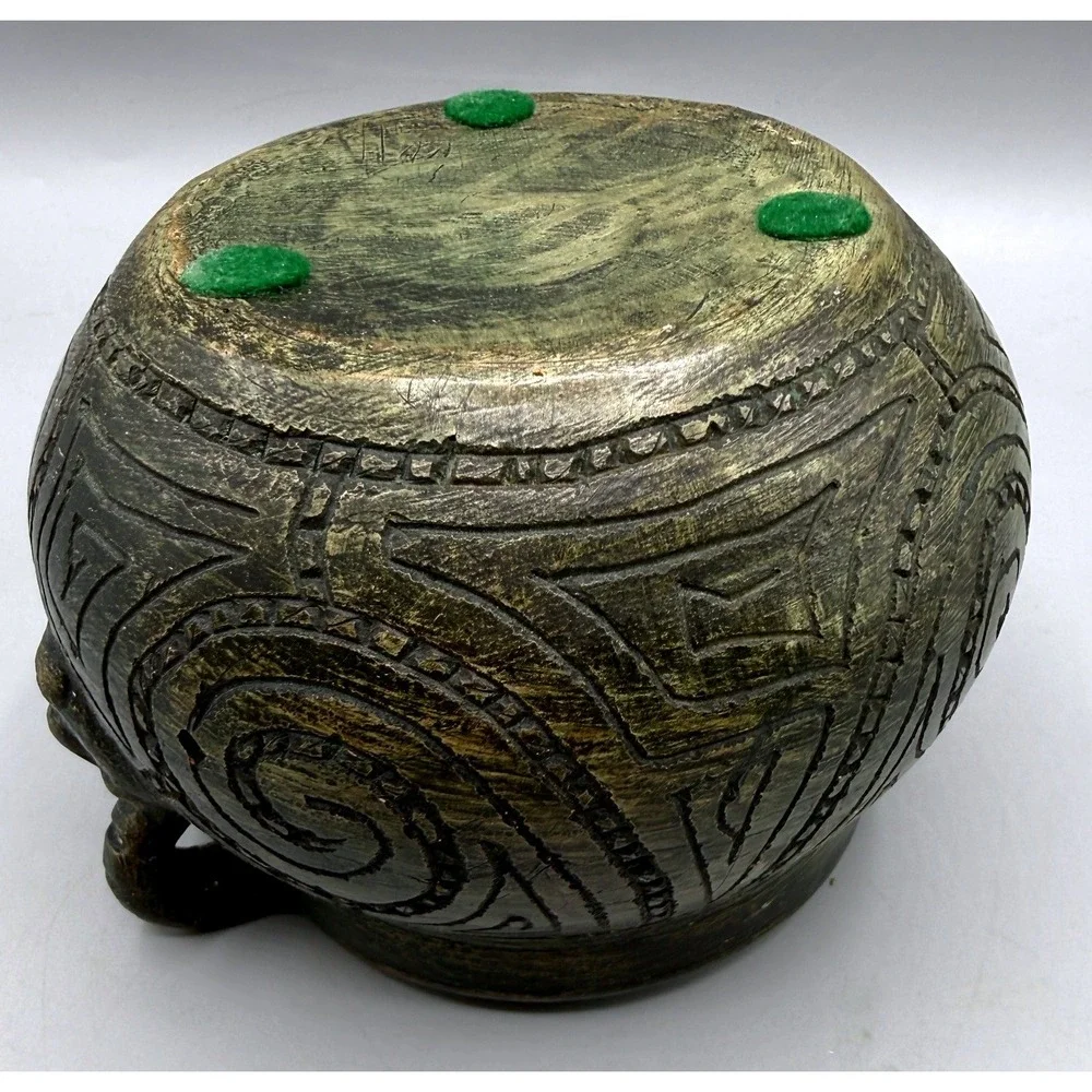 Primitive Hand Carved Pottery Vessel Incised Tribal Geometric Spiral w/Faces 5in